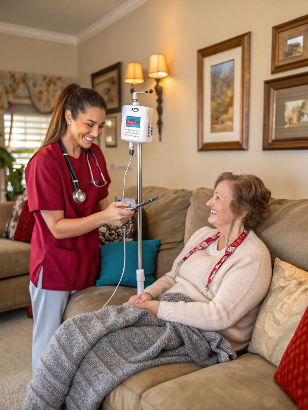 A friendly healthcare professional setting up a mobile IV service in a comfortable home environment, highlighting convenience and personalized care.