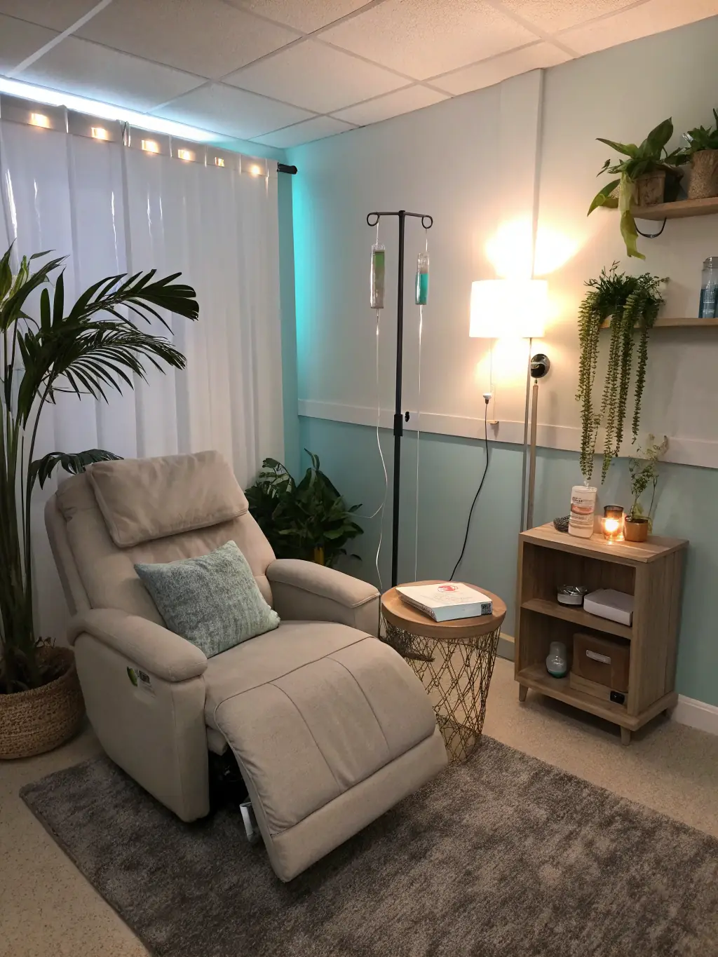 A serene image of a patient receiving an IV drip in a modern, spa-like setting, emphasizing relaxation and wellness.