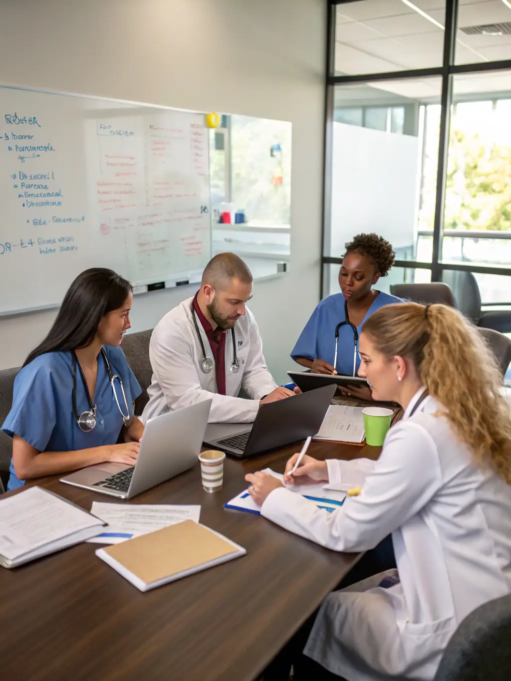 A professional photograph of a diverse team of healthcare professionals collaborating in a modern office setting, symbolizing improved teamwork and communication resulting from the consolidation.